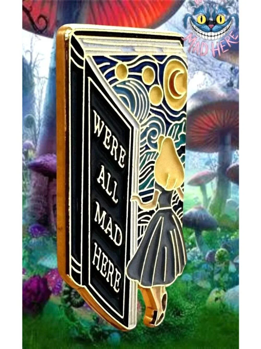 Alice in Wonderland Pin We’re All Mad Here Book Design Starry Night Rabbit Hole